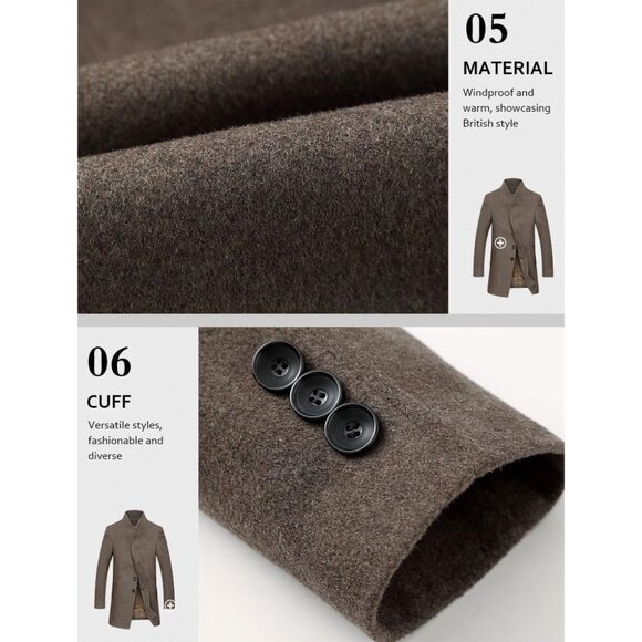 Men's Khaki Black Trench Coat Long Wool Blend Overcoat Slim Fit Down Topcoat - Picture 6 of 7